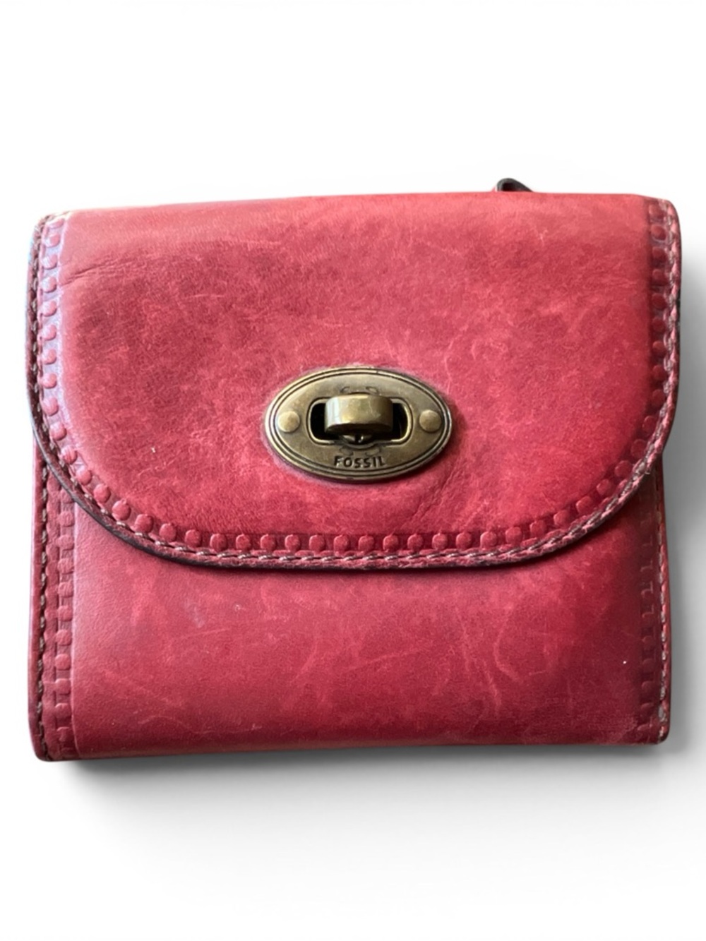 Vintage Fossil Genuine Leather Turn-Lock Mini Wallet - Rose Red